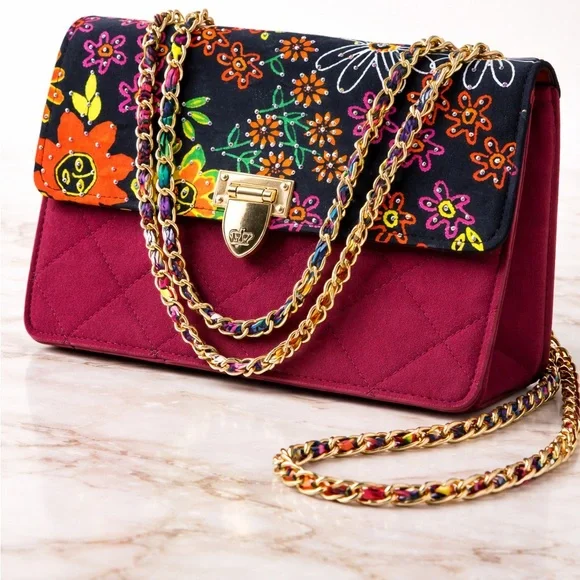 Quilted Floral Flap Shoulder Bag in Burgundy and Multicolor - Picture 2 of 2
